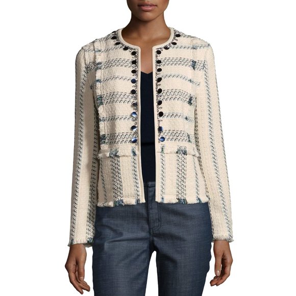 Tory Burch Abbot Embellished Striped Tweed Jacket - Picture 2 of 9